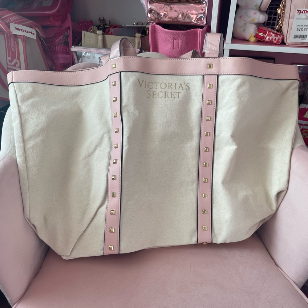 Victoria's Secret Cream and Pink Studded Canvas Tote